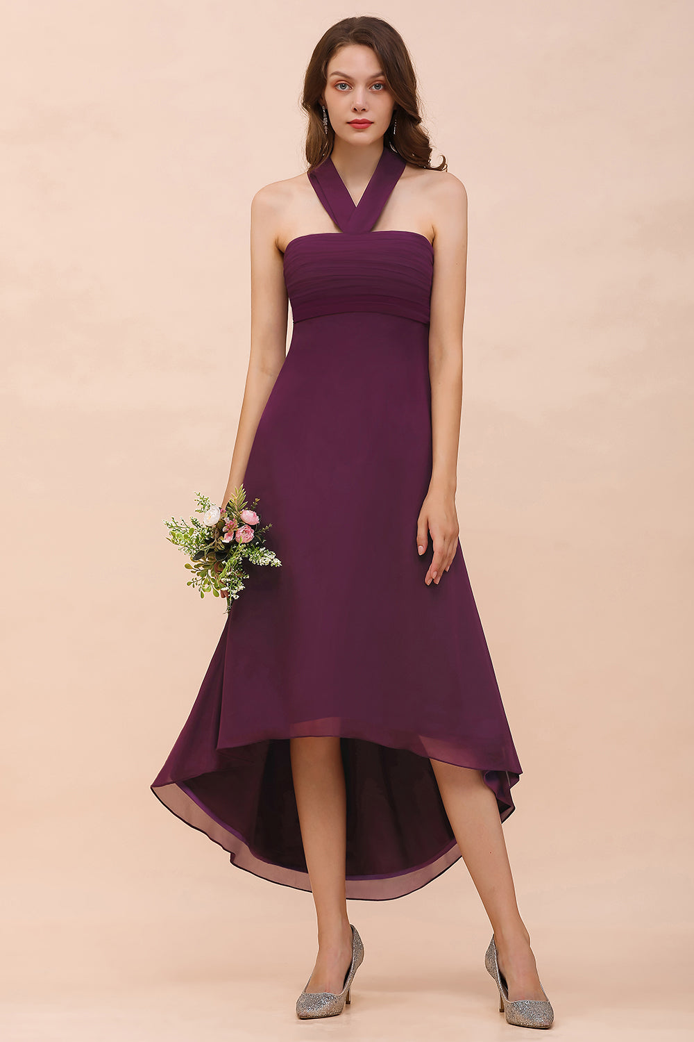 Stylish High Low A-line Halter Chiffon Grape Bridesmaid Dress