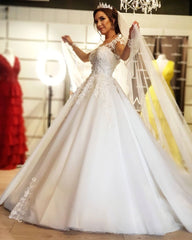 Gorgeous Long A-line Tulle Lace Off the Shoulder Wedding Dress with Long Sleeves