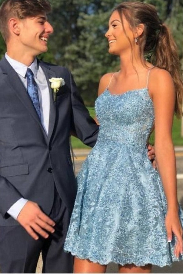 Beautiful Spaghetti Straps A-line Appliques Lace Ruffles Short Homecoming Dresses
