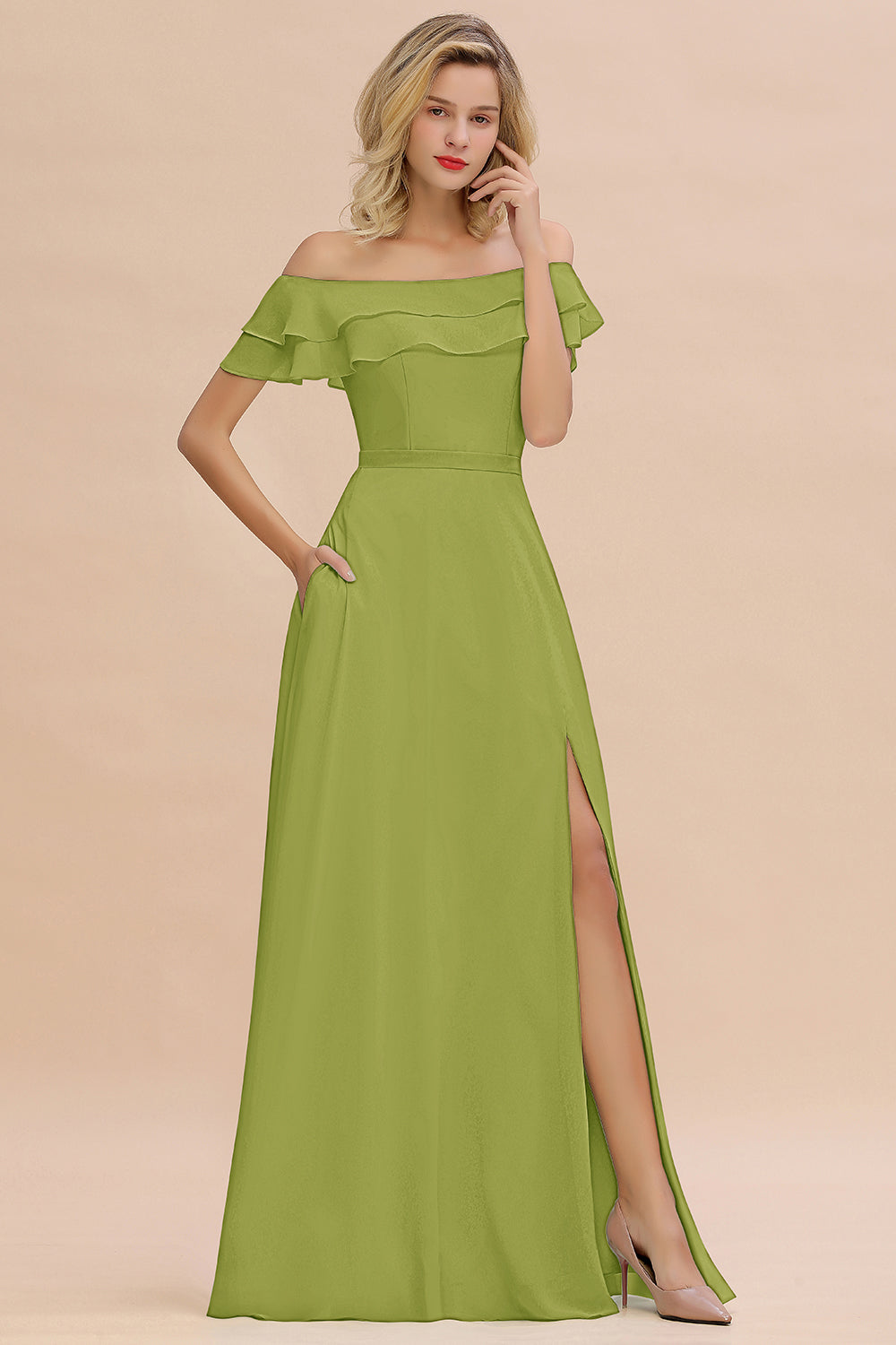 Off the Shoulder Front Slit Mint Green Long Bridesmaid Dress