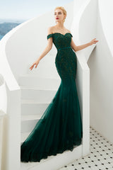 Elegant Dark Green Long Mermaid Off the Shoulder Tulle Lace Formal Evening Dresses