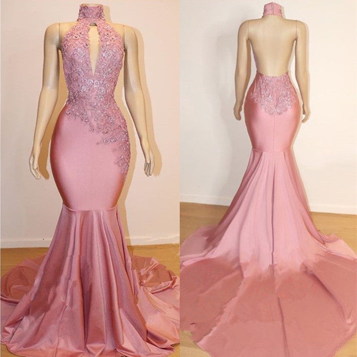 Halter Backless Mermaid Appliques Long Open Back Prom Dresses