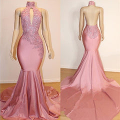 Halter Backless Mermaid Appliques Long Open Back Prom Dresses