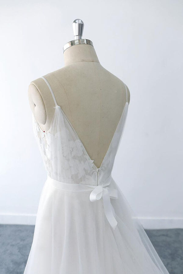 Elegant Long V-neck Ruffle Appliques Tulle A-line Backless Wedding Dress