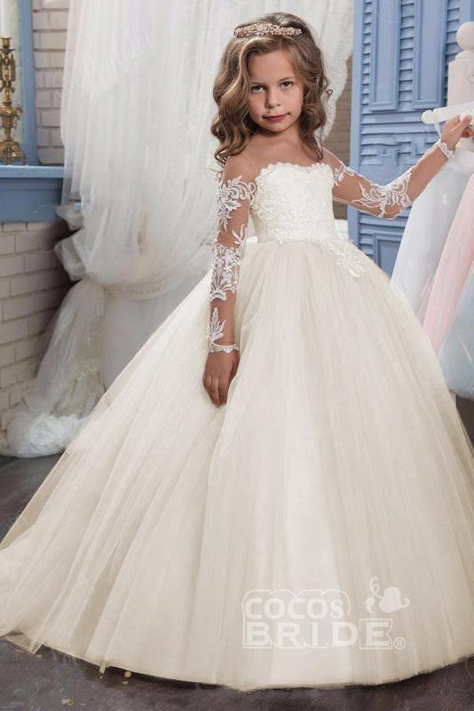 White Scoop Neck Long Sleeves Ball Gown Flower Girl Dress