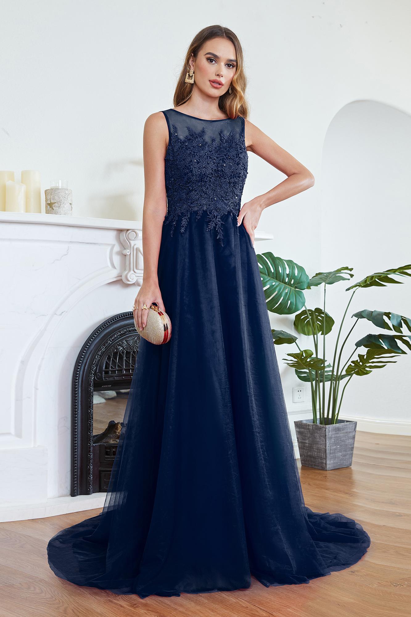 A-line Long Sleeveless Scoop Neck Tulle Lace Appliques Formal Evening Dress