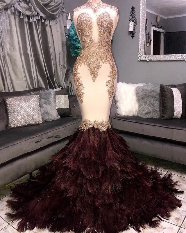Long Mermaid High Neck Appliques Lace Prom Dress