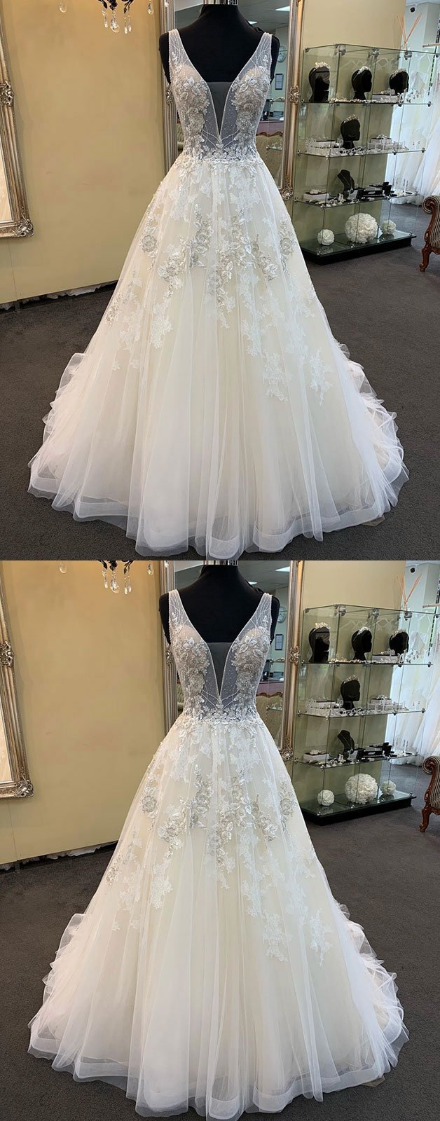 Unique White Tulle V Neck Long A-line Beaded Lace Wedding Dress