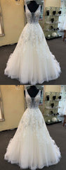 Unique White Tulle V Neck Long A-line Beaded Lace Wedding Dress