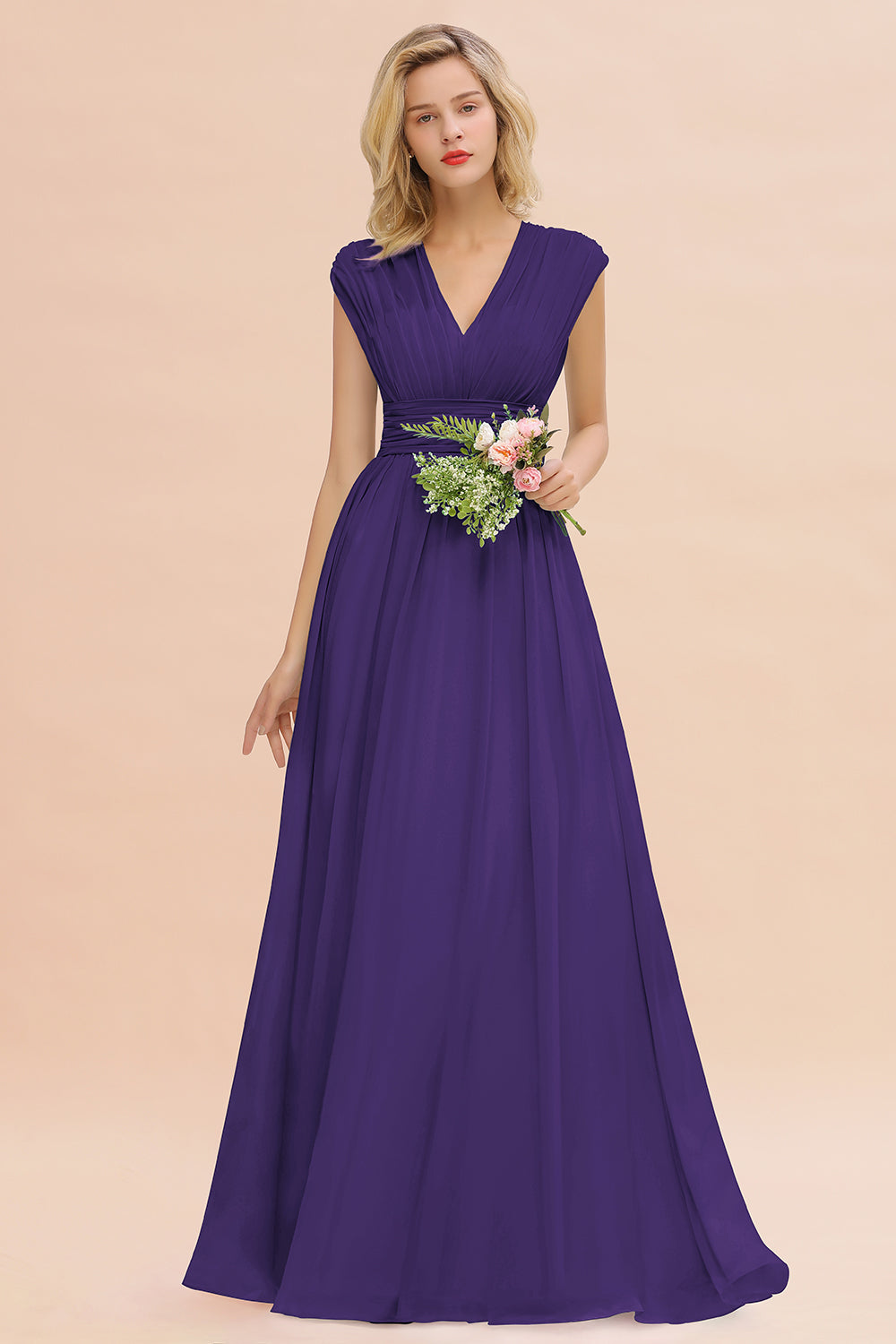 Chiffon V-Neck Sleeveless Elegant A-line Ruffles Bridesmaid Dress