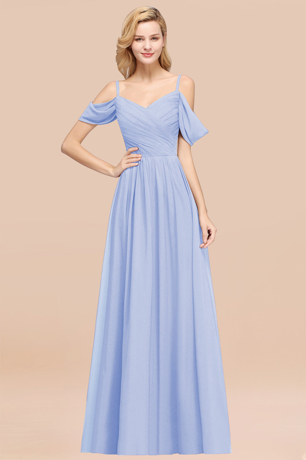 A-Line Chiffon V-Neck Spaghetti Straps Short Sleeves Floor Length Bridesmaid Dresses with Ruffles