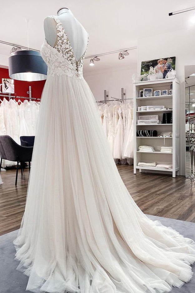 Long A-line Tulle V Neck Open Back Wedding Dress with Appliques Lace