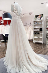 Long A-line Tulle V Neck Open Back Wedding Dress with Appliques Lace