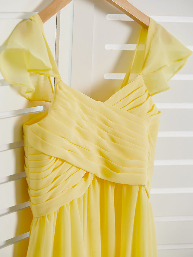 Long A-Line Square Neck Floor Length Chiffon Junior Bridesmaid Dress With Ruffles