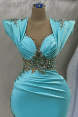 Long Sleeve Mermaid Sweetheart Satin Formal Evening Dress with Beads