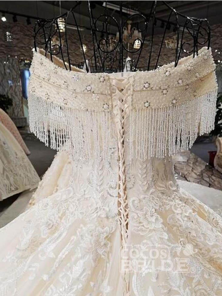 Long Off the Shoulder Ball Gown Wedding Dresses Beaded Appliques