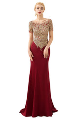 Mermaid Long Burgundy Jewel Lace Mermaid Formal Evening Dresses