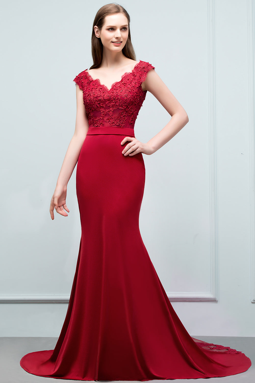 Red Long V-neck Stretch Satin Mermaid Evening Dress