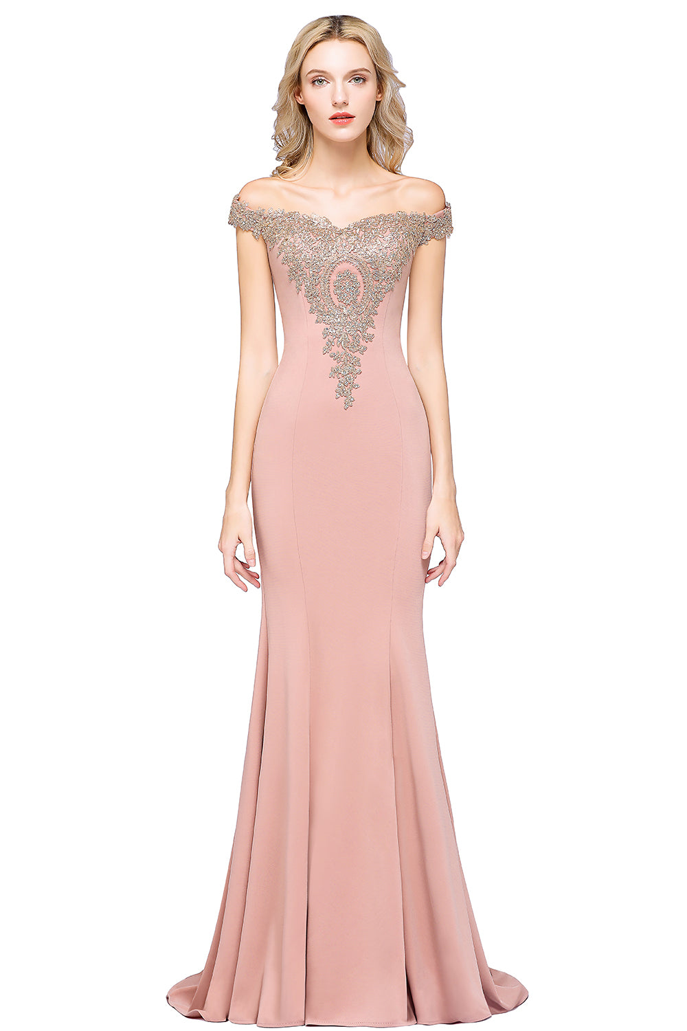Dusty Rose Long Mermaid Off the Shoulder Satin Lace Formal Evening Dresses