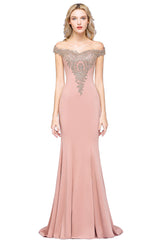 Dusty Rose Long Mermaid Off the Shoulder Satin Lace Formal Evening Dresses