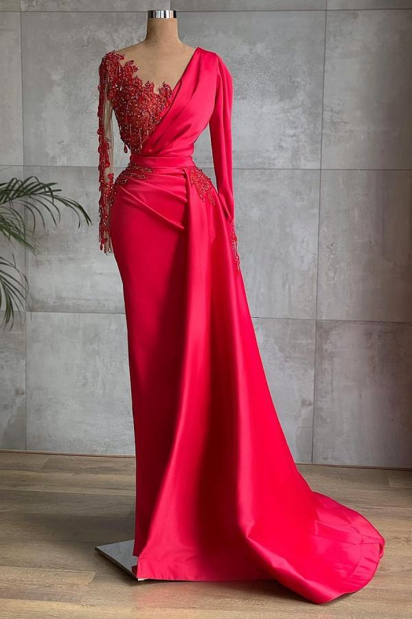 Red Long Mermaid Satin Beading Formal Dress with Sleeves