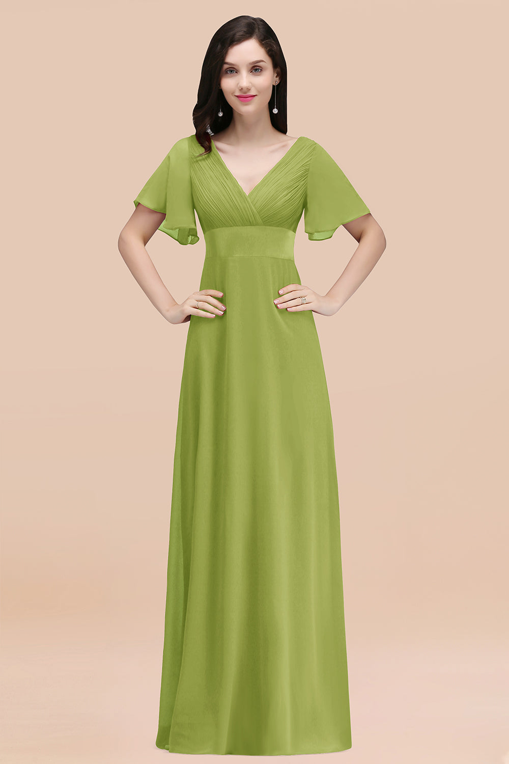 Simple A-Line Chiffon V-Neck Short Sleeves Ruffles Floor Length Bridesmaid Dresses