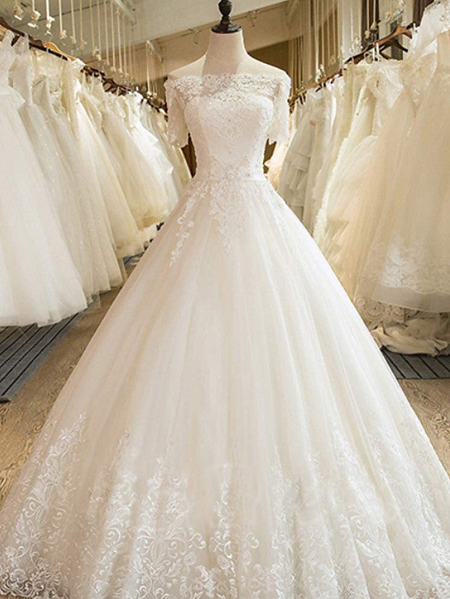 Long A-line Off the Shoulder Court Train Lace Tulle Wedding Dresses with Sleeves