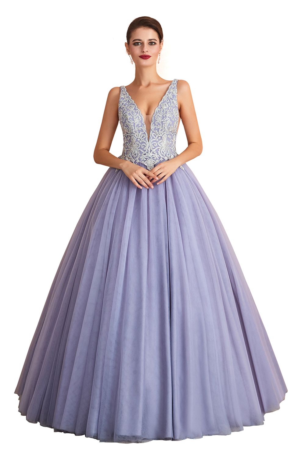 Long Ball Gown V-neck Tulle Lace Prom Dress