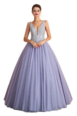Long Ball Gown V-neck Tulle Lace Prom Dress