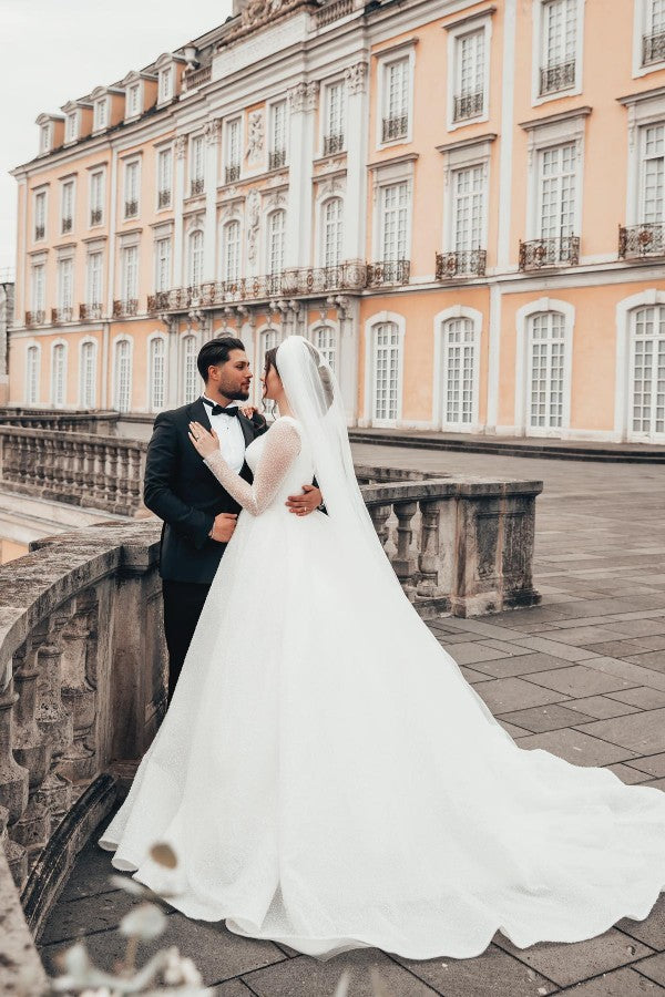 Glitter Long A-line Sweetheart Sequins Backless Wedding Dresses with Sleeves