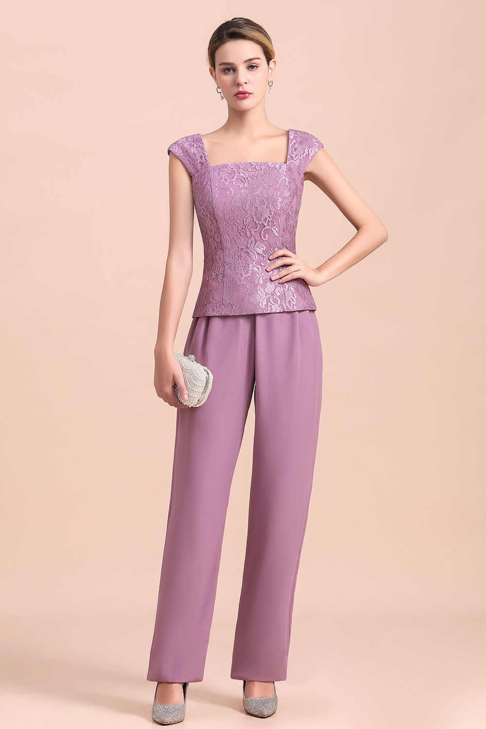 Elegant Lace Cap Sleeves Chiffon Mother of Bride Jumpsuit With Wrap