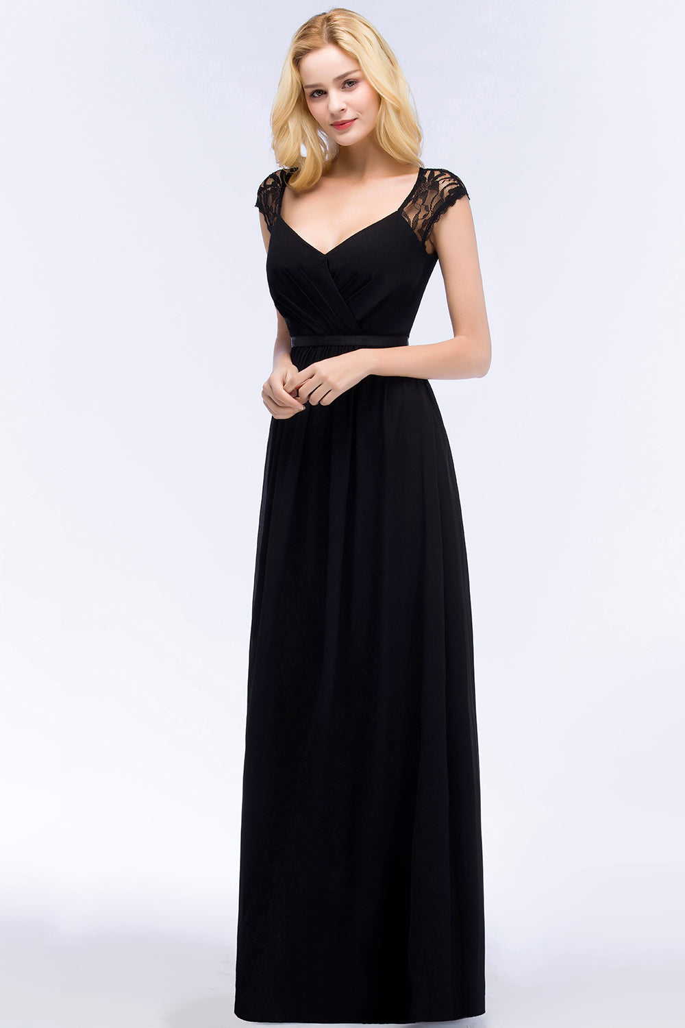 Elegant Mermaid Lace V-Neck Sleeveless Floor Length Bridesmaid Dresses with Sash