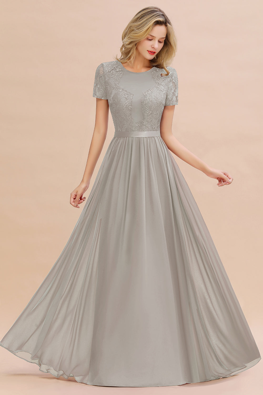 Chiffon Lace Scoop Short Sleeve Bridesmaid Dress
