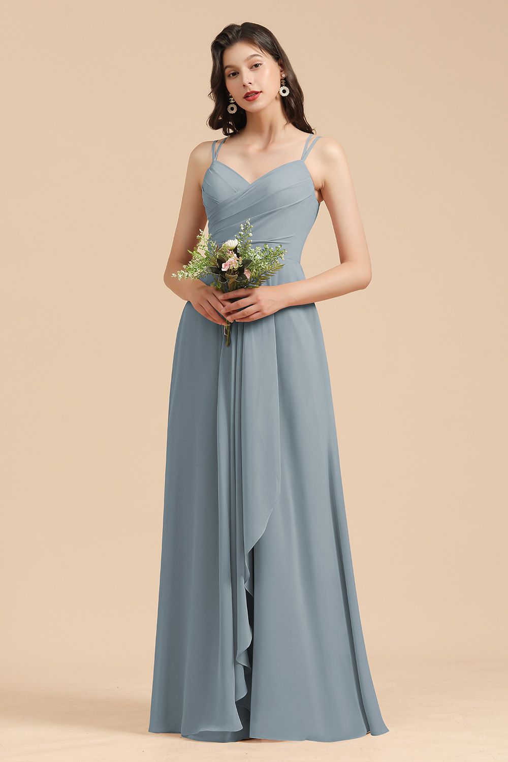 Long A-line V-Neck Chiffon Dusty Blue Wedding Guest Dress