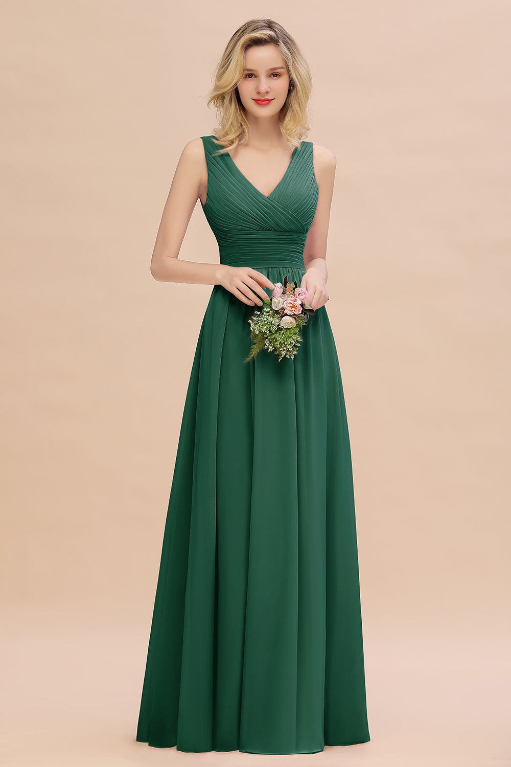Elegant A-line V-Neck Ruffles Long Bridesmaid Dress