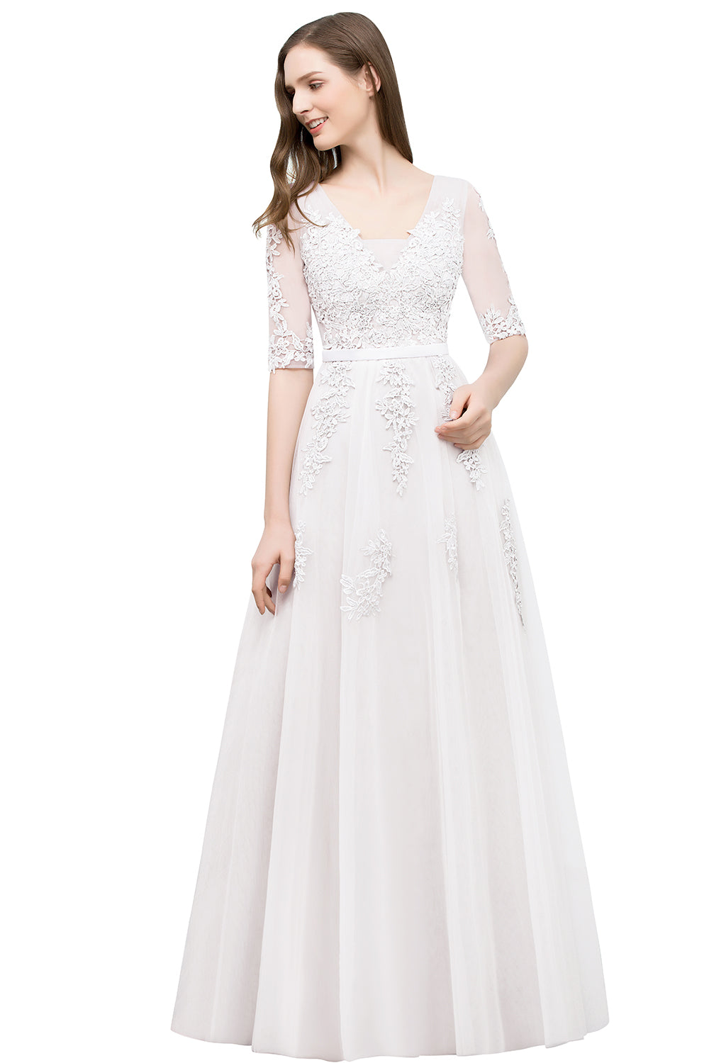 Long V-neck Tulle Lace A-line Evening Dress with Sleeves