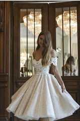 Beautiful Short A-line Glitter Off the Shoulder Lace Appliques Wedding Dress