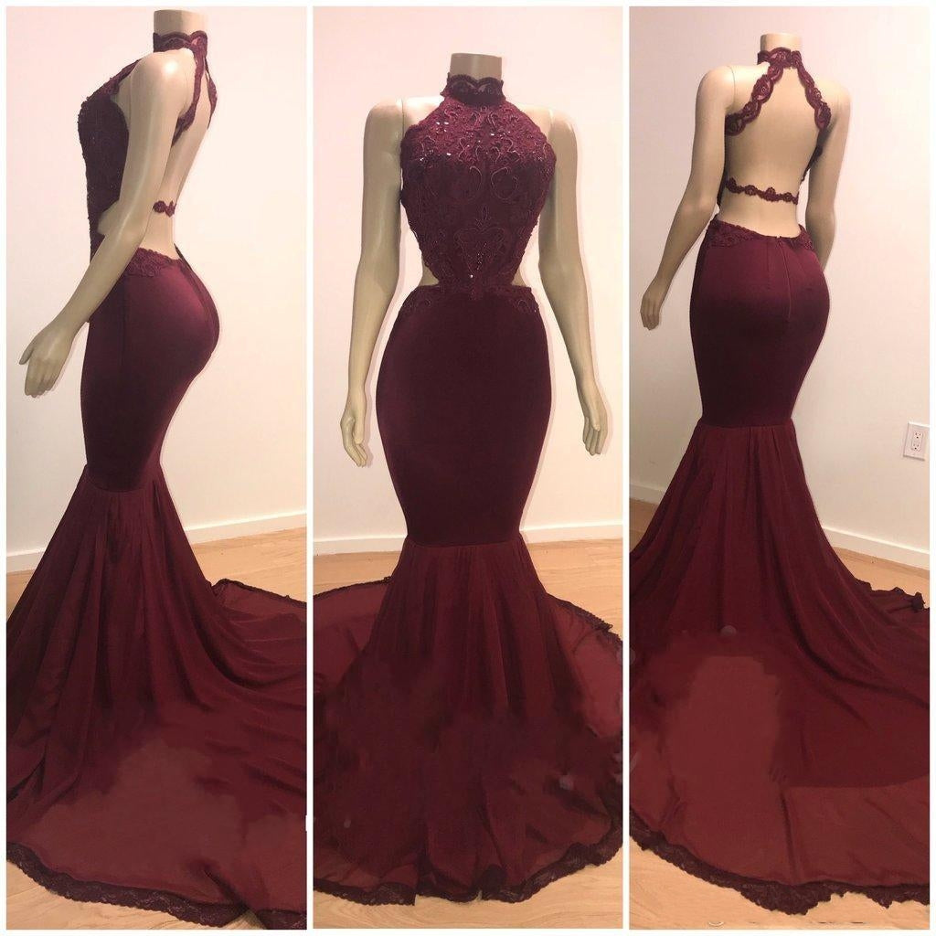 Mermaid Long Burgundy Lace High Neck Open Back Prom Dresses