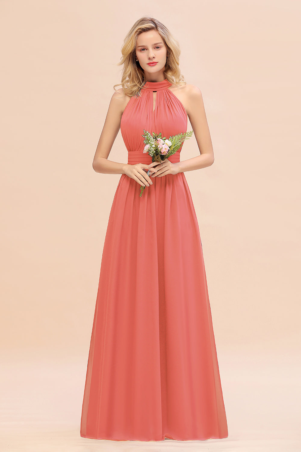 Dusty Sage Long High Neck Chiffon Bridesmaid Dresses with Ruffle