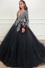 Long Ball Gown V-neck Tulle Appliques Lace Black Prom Dress with Sleeves