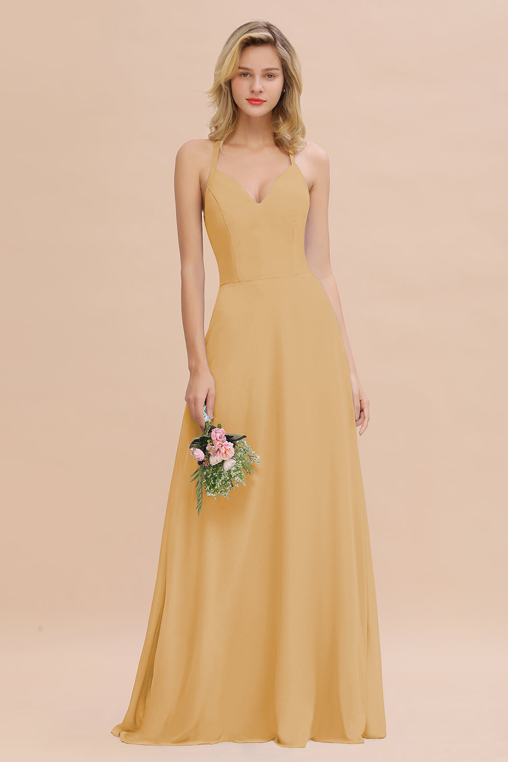 Stylish Chiffon Spaghetti Straps Sleeveless Long Bridesmaid Dress