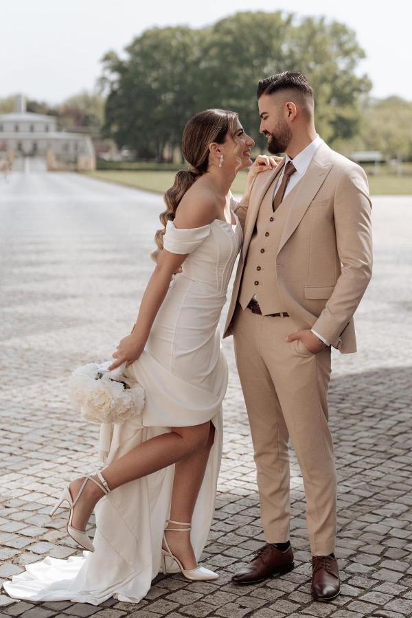 Simple Long Mermaid Off the shoulder Satin Wedding Dress with slit