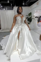 Gorgeous Long Sleeves Ball Gown One Shoulder Satin Lace Wedding Dress with Side Split