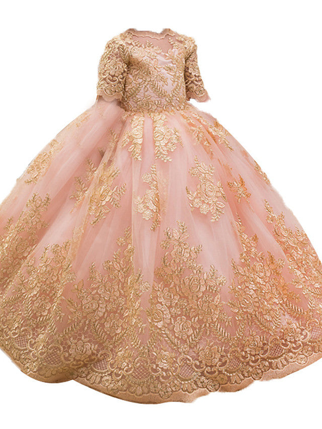 Long Ball Gown Floor Length Tulle Lace Jewel Neck Party Girl Dresses with Sleeves