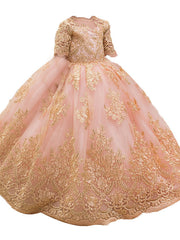 Long Ball Gown Floor Length Tulle Lace Jewel Neck Party Girl Dresses with Sleeves