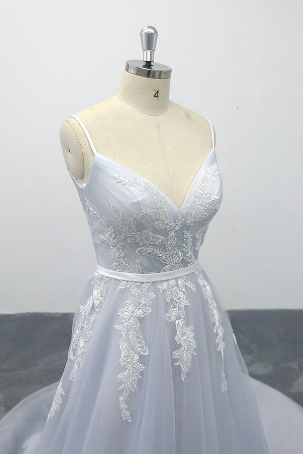 Long Applique Tulle Spaghetti Strap A-line Backless Wedding Dress