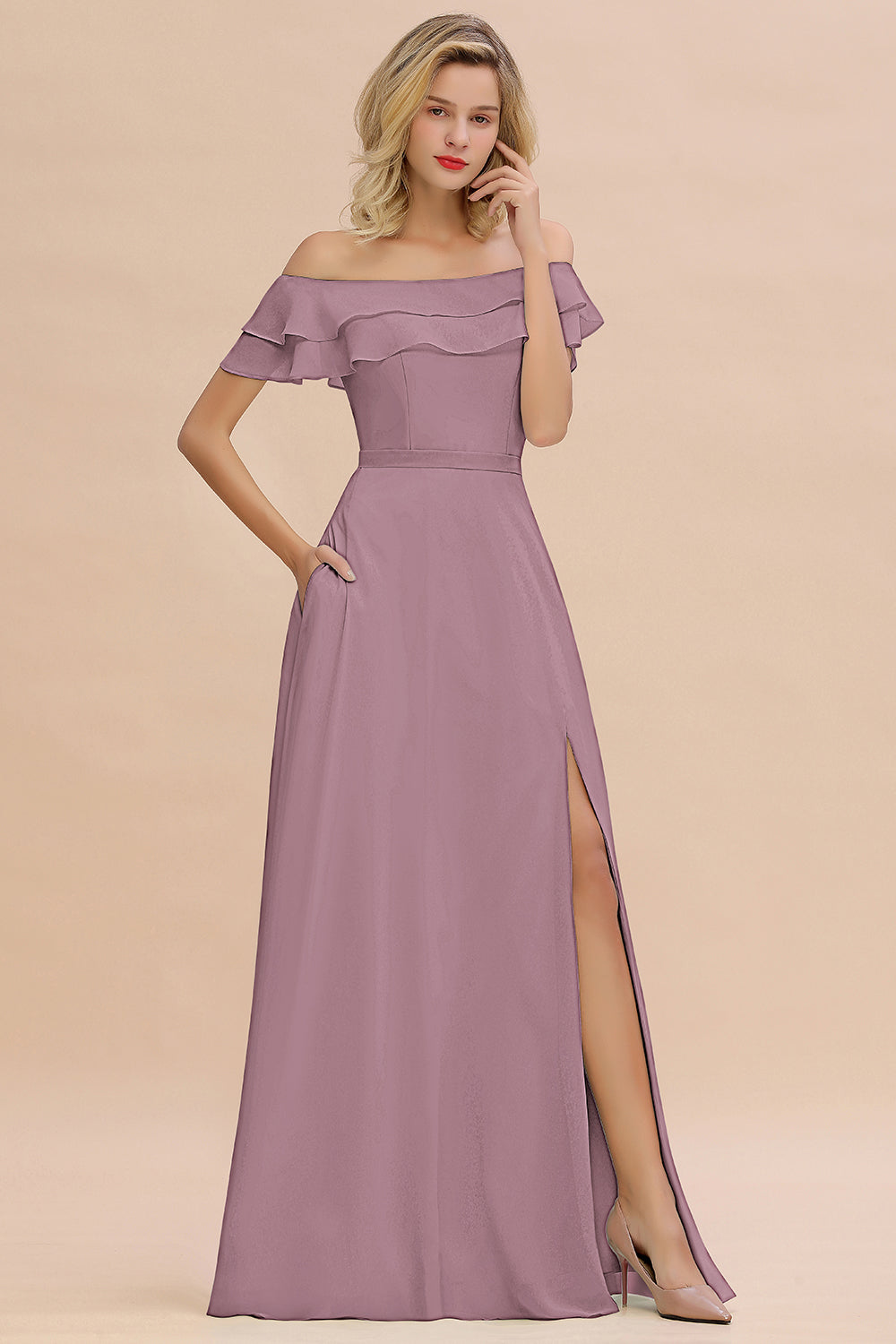 Off the Shoulder Front Slit Mint Green Long Bridesmaid Dress