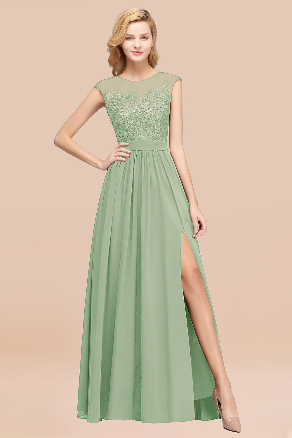 A-line Chiffon Lace Jewel Sleeveless Floor Length Bridesmaid Dresses with Appliques