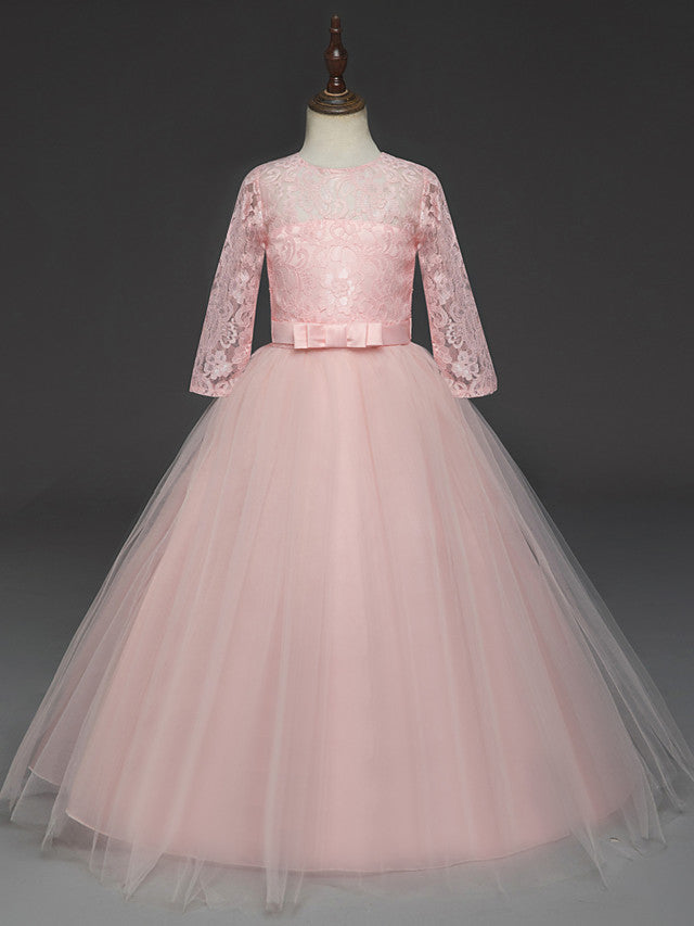 Long Ball Gown Tulle Lace Jewel Neck Flower Girl Dresses with Half Sleeve
