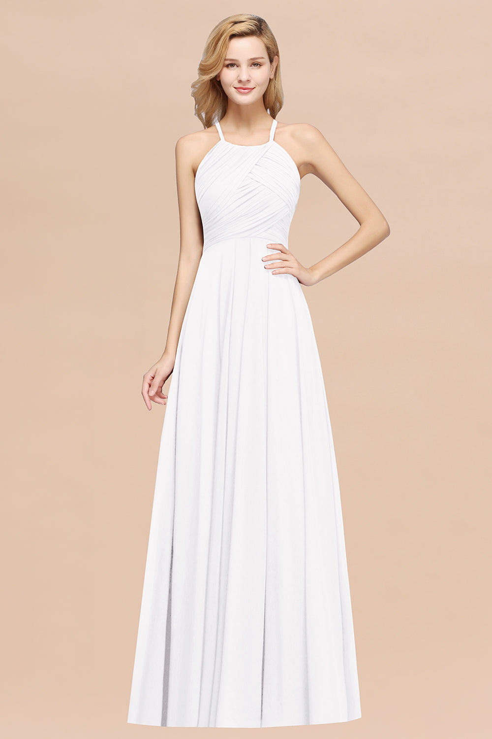 A-Line Chiffon Halter Ruffles Floor Length Bridesmaid Dress